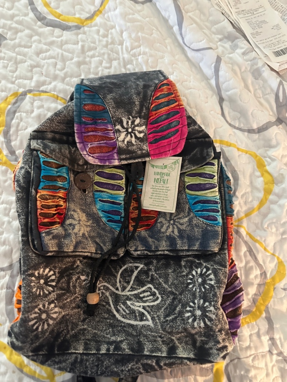 Boho Multicolor Accent Gray Velvet Backpack - Handmade